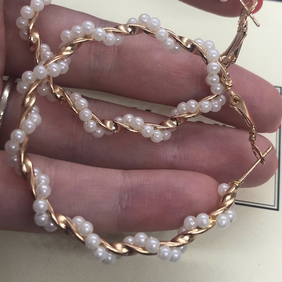 Faux Pearl Gold Tone Hoop Earrings - Picture 3 of 4